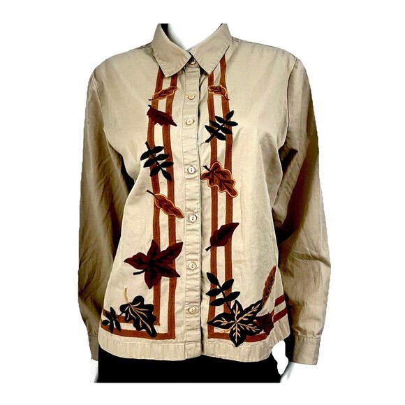 Vintage Bechamel Button Front Shirt Fall Leaves Embroidered Cotton Blouse XL EUC - Picture 1 of 6